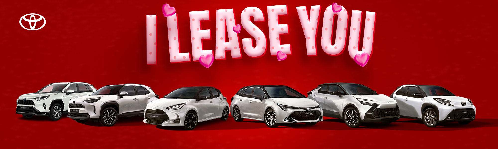 Kampagnenmotiv Herzkampagne I Lease You, Fahrzeuge auf rotem Hintergrund